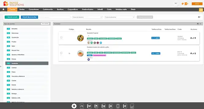 pantalla ordenador con modulo recetas y menus erp vertical salon de eventos y software del departamento cocina parker solutions
